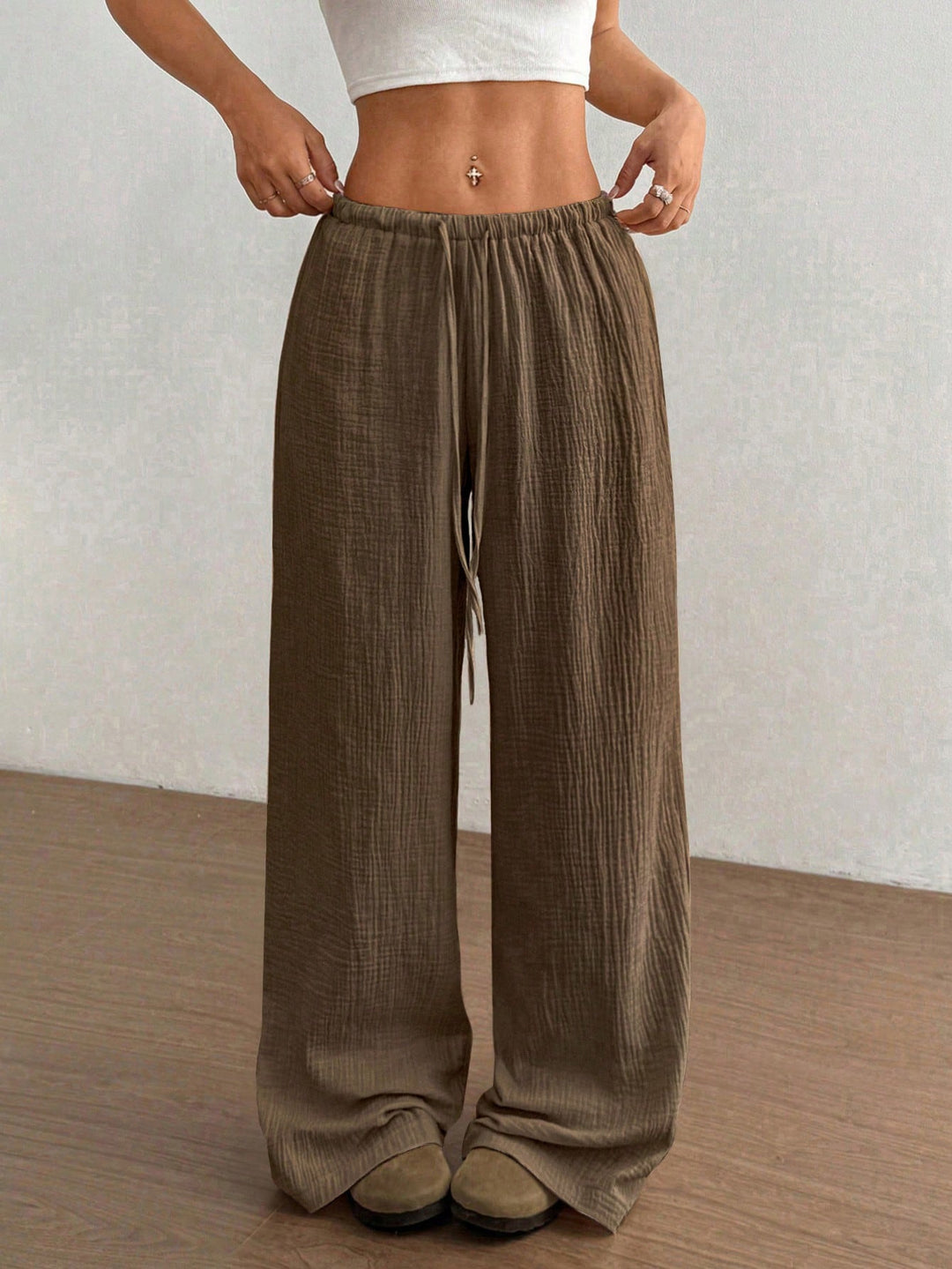 Damen Weite Baumwoll-Gauze-Hose mit hohem Bund, Gummizug und Kordelzug Drune