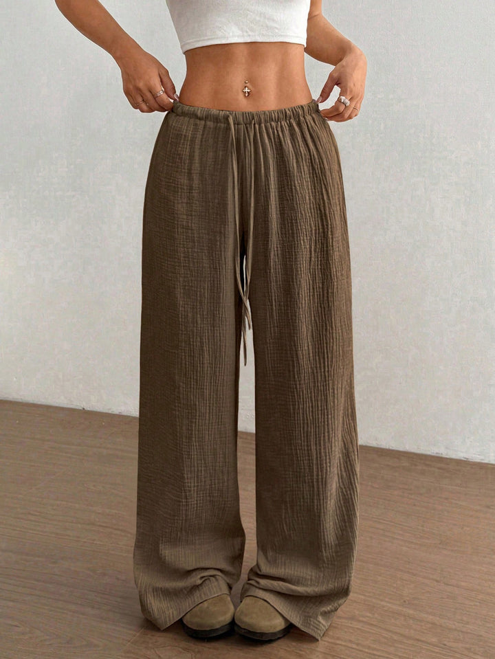 Damen Weite Baumwoll-Gauze-Hose mit hohem Bund, Gummizug und Kordelzug Drune