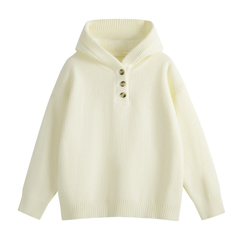 Damen Relaxed Kapuzenpullover aus geripptem Strick mit Halbsteg-Knopfleiste Drune