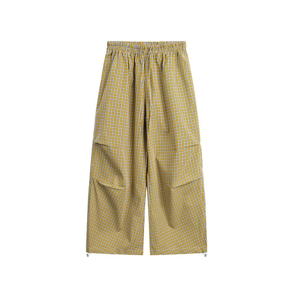 Damen Weite Baumwollhose mit elastischem Bund, Karomuster und verstellbarer Saumkordel Drune