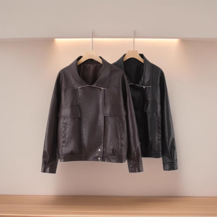 Damen Oversized Kunstlederjacke im Bomberstil mit Pattentaschen und asymmetrischem Reißverschluss Drune