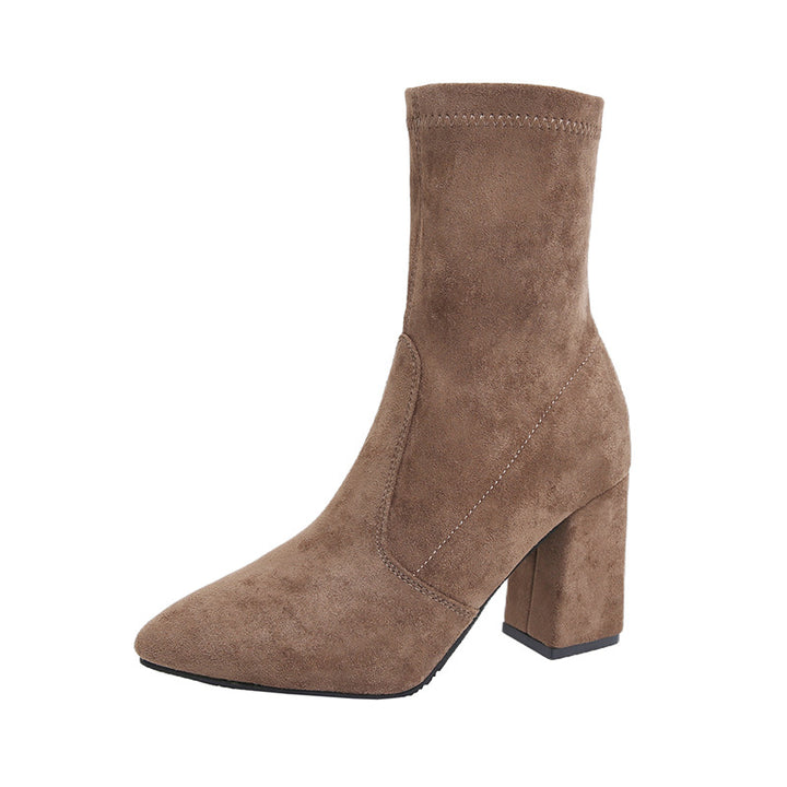 Damen nan knöchelhohe Stretch-Stiefelette mit spitzer Vorderkappe und komfortablem Blockabsatz Drune