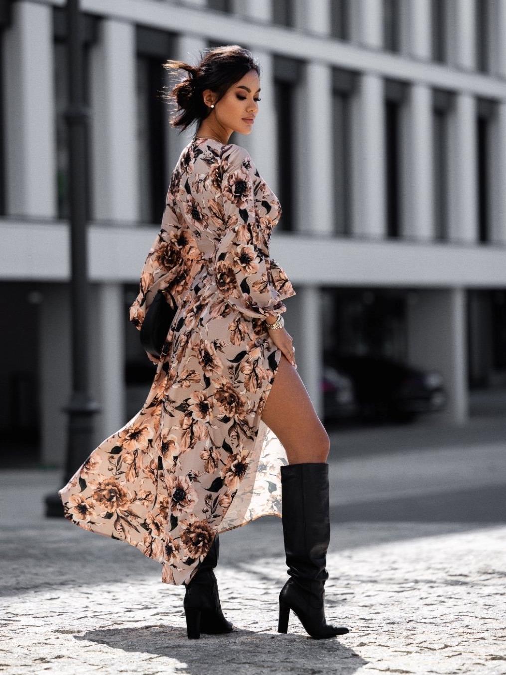 Damen Wickelmaxikleid mit festem Taillengürtel und raffinierten Volantärmeln Drune