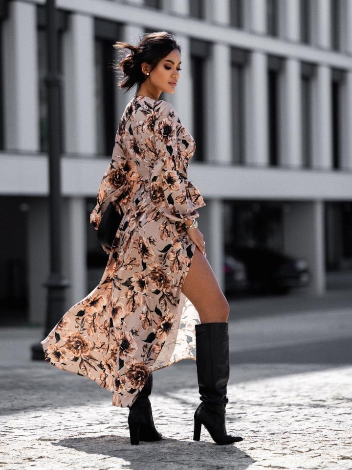 Damen Wickelmaxikleid mit festem Taillengürtel und raffinierten Volantärmeln Drune