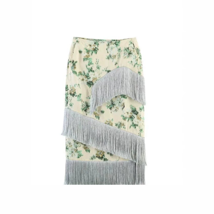Damen Floral bedruckter Midirock mit diagonalem Fransenbesatz und schlanker Silhouette Drune