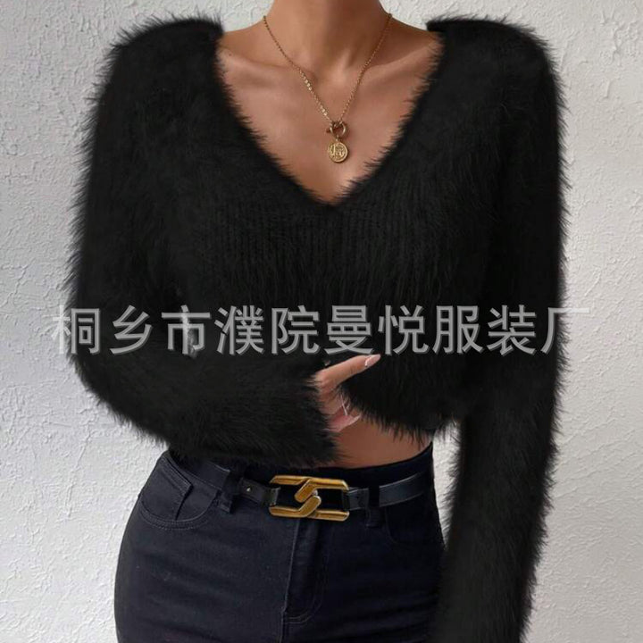 Damen Flauschiger Crop-Pullover mit V-Ausschnitt und Eyelash-Struktur Drune