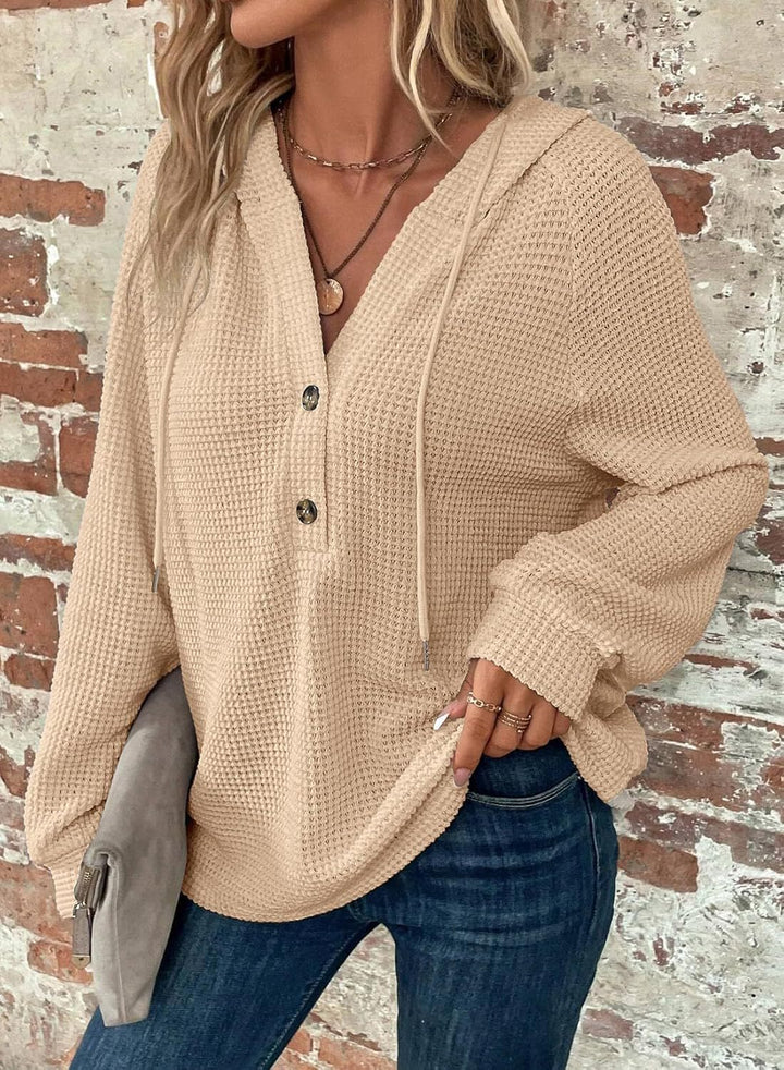 Damen gemütlicher Strickpullover mit Kapuze und Knopfleiste Drune