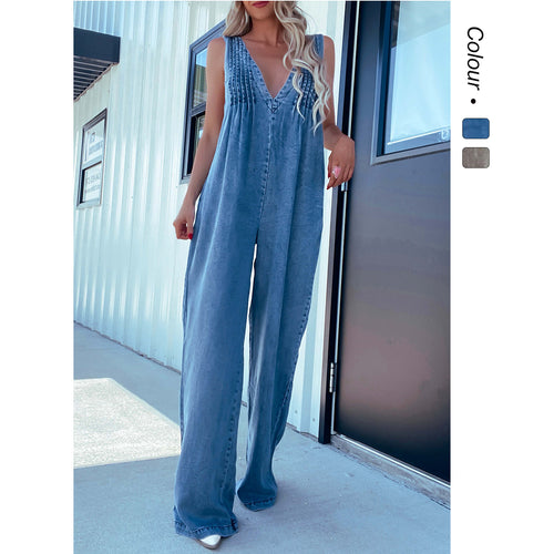Damen Jumpsuit mit tiefem V-Ausschnitt und praktischen Taschen Drune