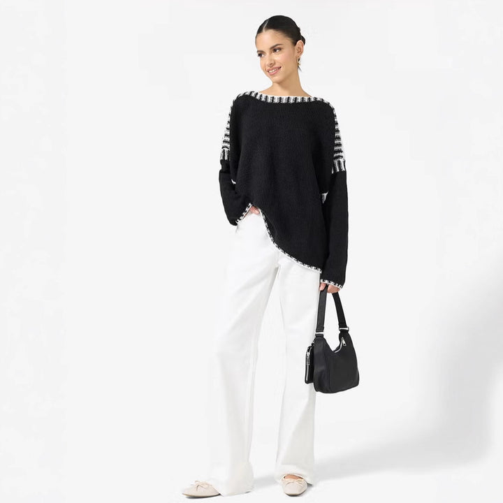 Damen Oversize Grobstrickpullover mit Kontraststreifen an Schultern und Saum Drune