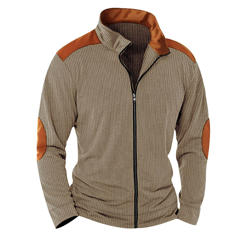 Herren nan strukturierte Strick‑Hybridjacke mit Stehkragen Kontrasteinsätzen und Ellbogenpatches Drune