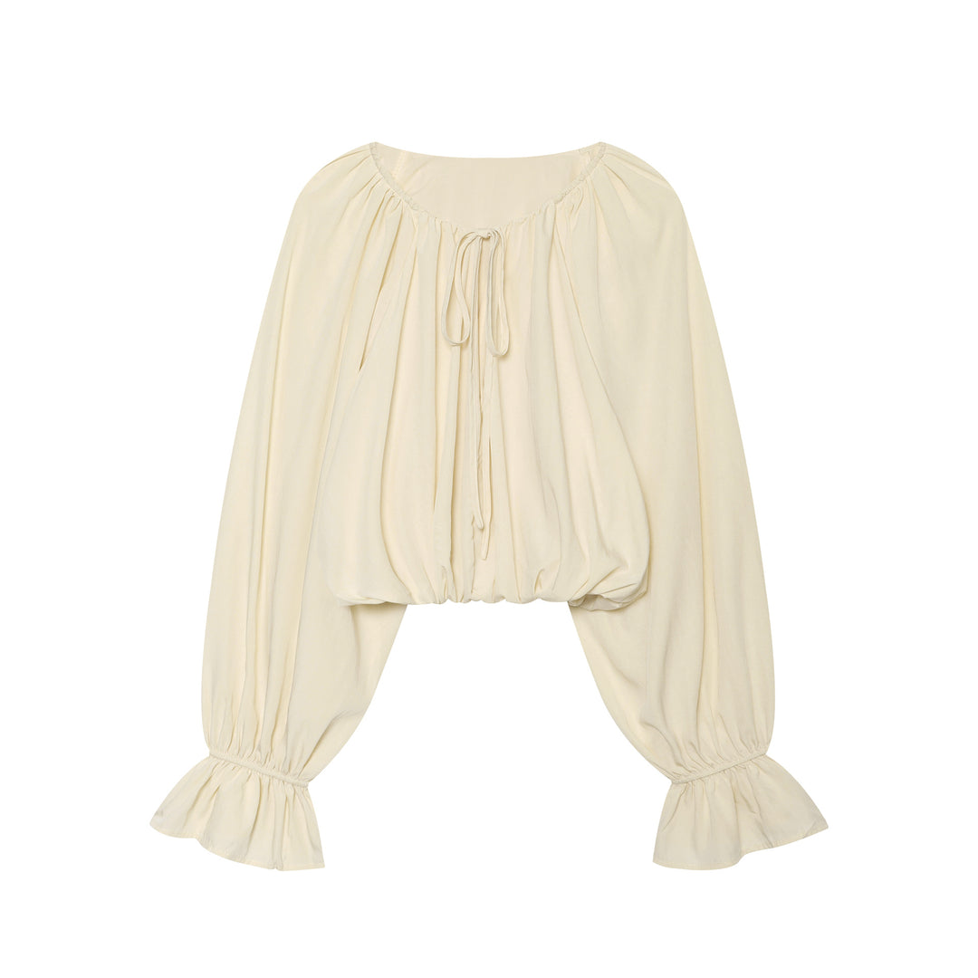 Damen Cropped Carmen‑Bluse mit Ballonärmeln, Tunnelzug und gerafftem Saum Drune