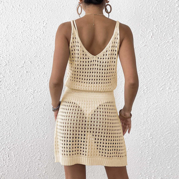Damen Häkel-Strandkleid mit netzartigem Lochmuster und verstellbarem Schnitt Drune