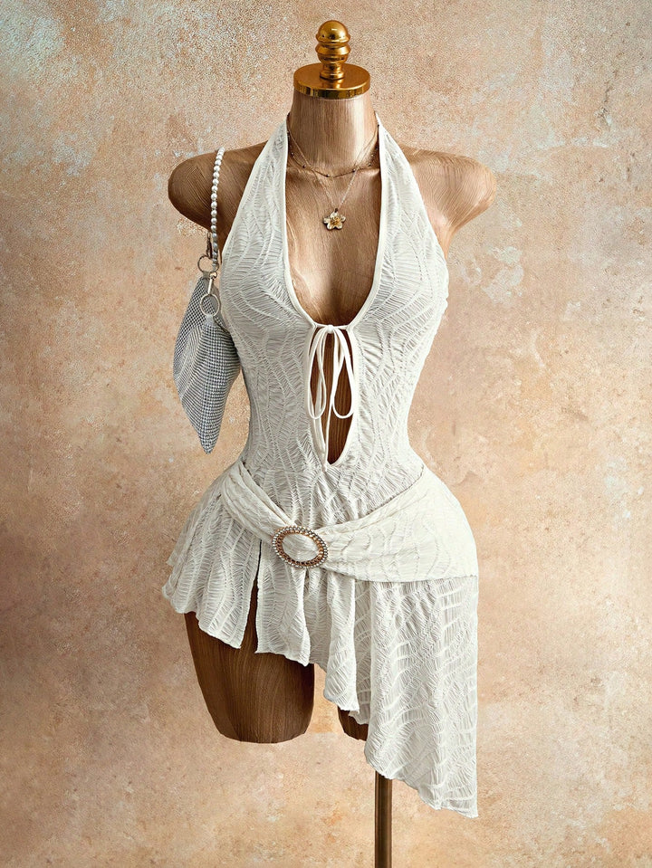 Damen nan figurbetontes Neckholder-Minikleid mit Schnürung, Cut-Out und asymmetrischem Wickelrock Drune