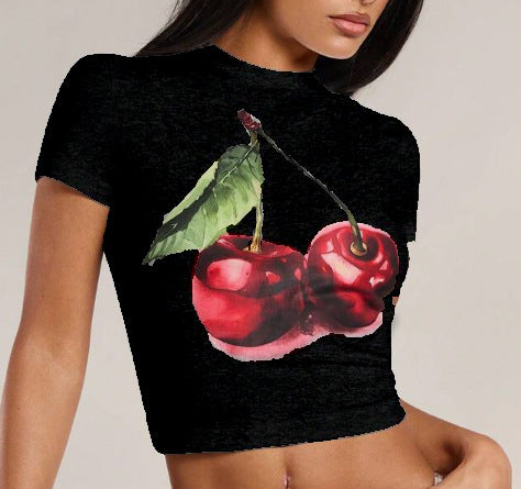 Damen Crop-T-Shirt mit fruchtigem Kirschmotiv und figurbetontem Schnitt Drune