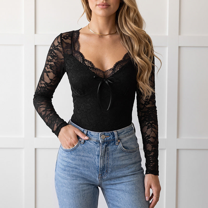 Damen Eleganter Spitzenbody mit V-Ausschnitt und Schleifen-Detail Drune