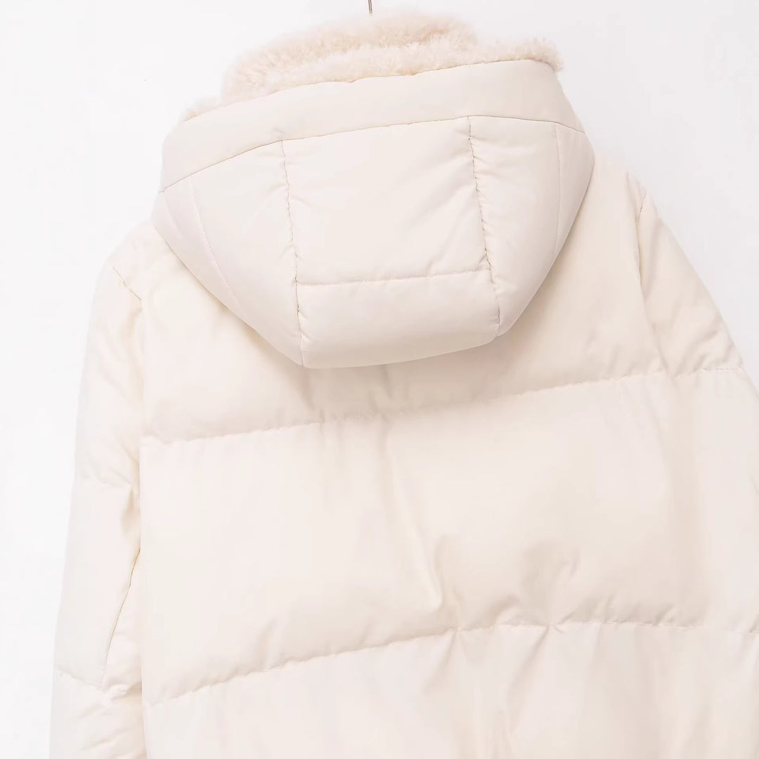 Damen Cropped Daunenoptik-Parka mit Teddygefütterter Kapuze und Rippbündchen Drune