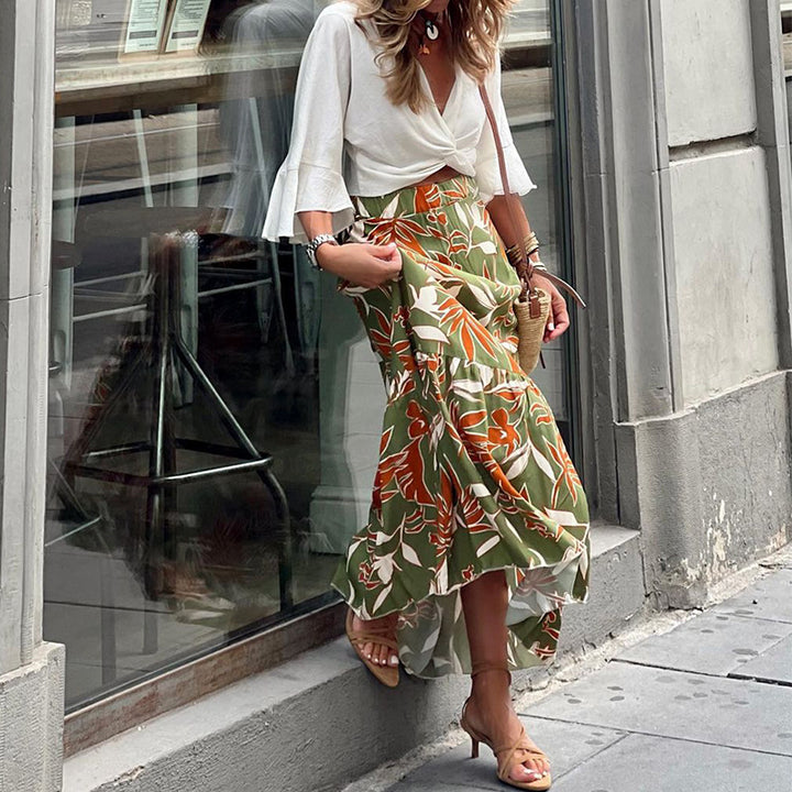 Damen Fließender Maxi-Rock mit floralem Design und asymmetrischem Saum Drune