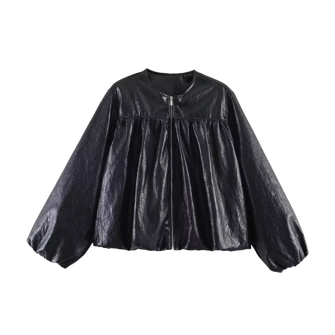 Damen Kurzblouson aus Kunstleder mit geraffter Yoke und Balloon-Ärmeln Drune