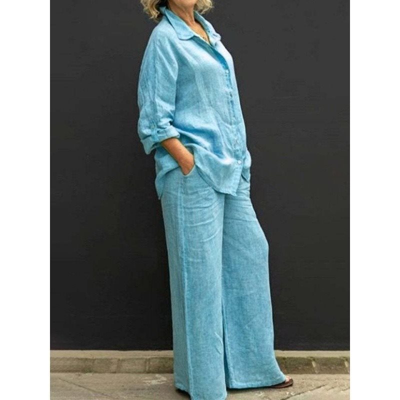 Damen Leichtes Leinen-Loungewear-Set mit Oversized-Hemd und weiter Palazzo-Hose Drune