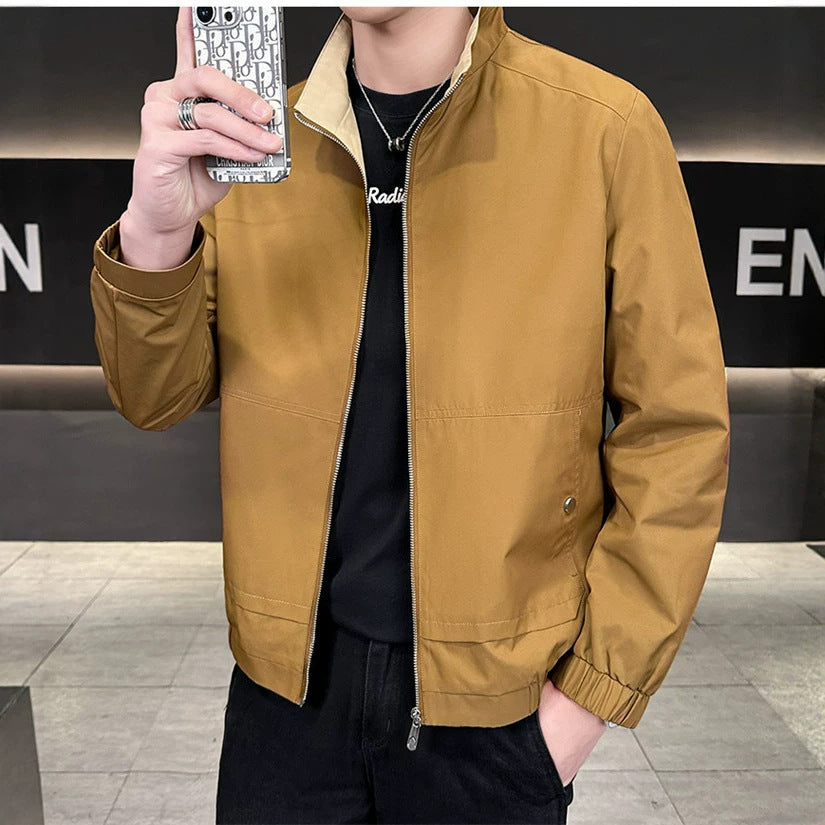 Herren Minimalistische City-Zipjacke aus Mikrofaser mit Stehkragen, verdeckten Taschen und elastischem Saum Drune