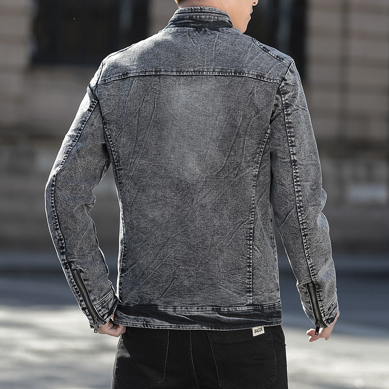 Herren Jeansjacke im Vintage-Washed Slim-Fit mit Stehkragen und Reißverschluss Drune