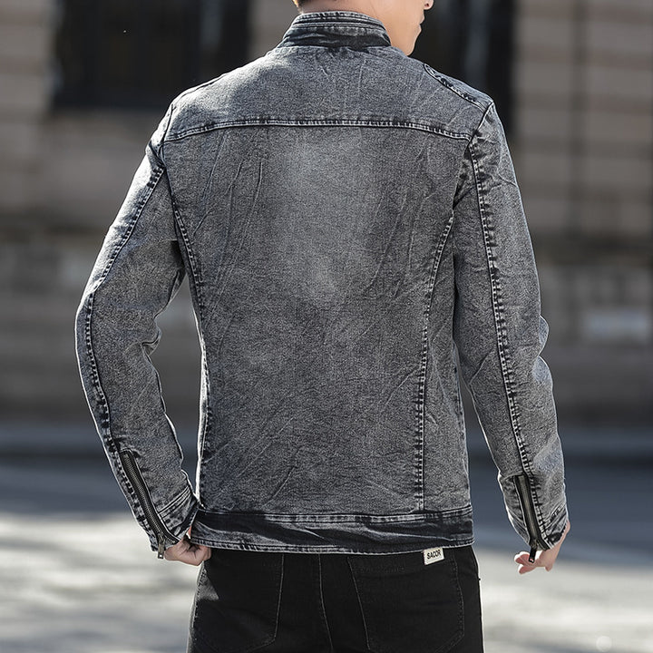 Herren Jeansjacke im Vintage-Washed Slim-Fit mit Stehkragen und Reißverschluss Drune