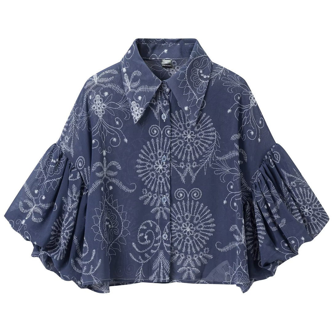 Damen Oversize-Buttonbluse mit Ballonärmeln und großem Hemdkragen Drune