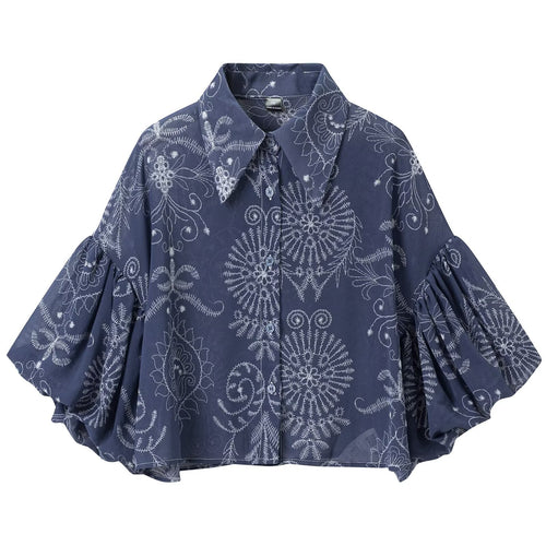 Damen Oversize-Buttonbluse mit Ballonärmeln und großem Hemdkragen Drune