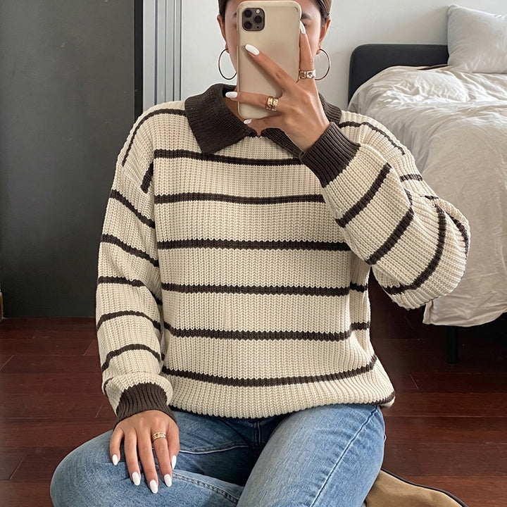 Damen Gestreifter Pullover mit Kragen Drune