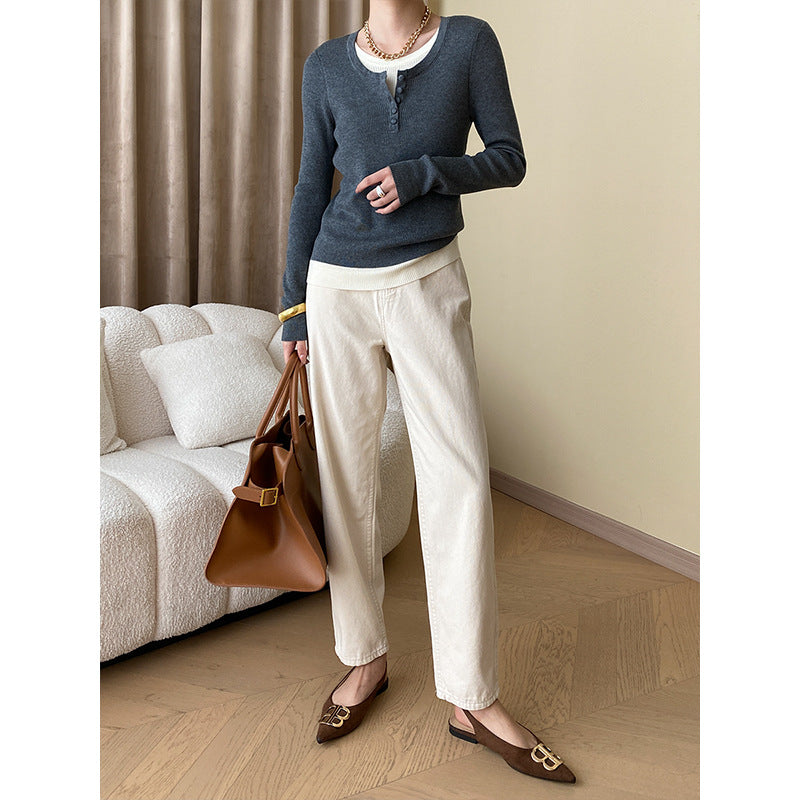 Damen lässiges Langarm-Henley-Pullover mit feiner Rippstruktur Drune