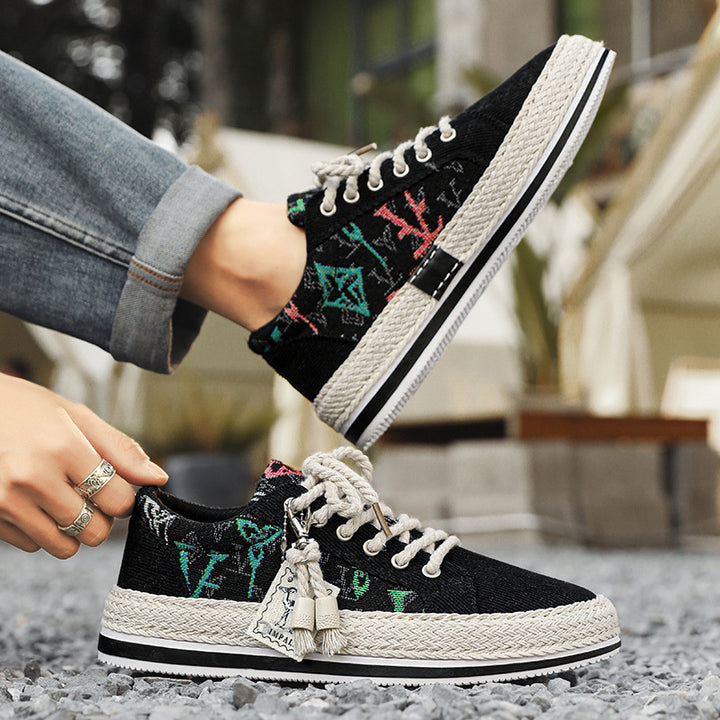 Damen Plateau-Espadrille-Sneaker mit besticktem Canvas, Quastenanhänger und geflochtener Bastsohle Drune