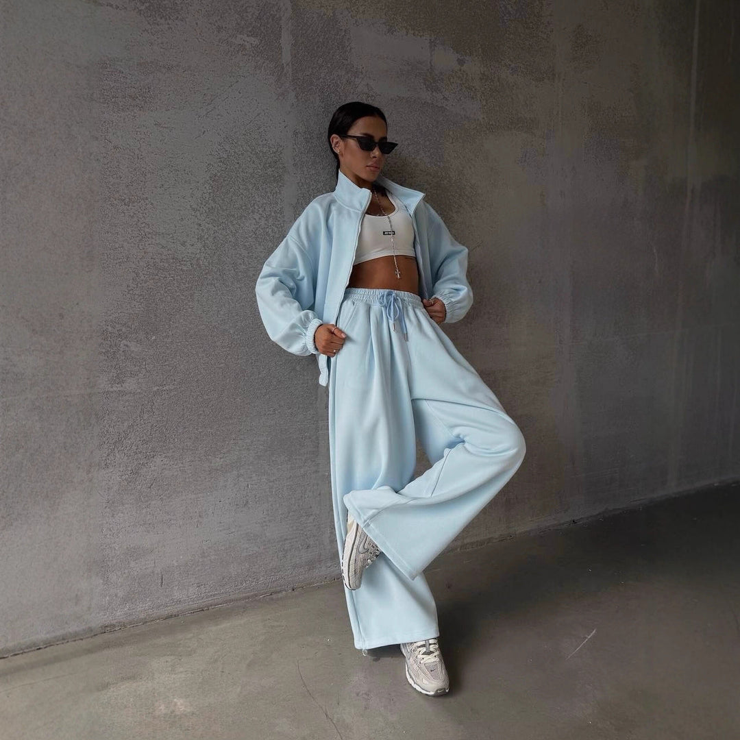 Damen lässiger Freizeitanzug mit oversized Jacke und weitem Bund Drune