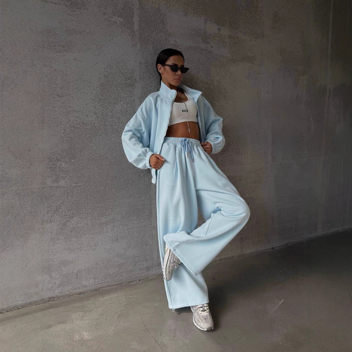 Damen lässiger Freizeitanzug mit oversized Jacke und weitem Bund Drune