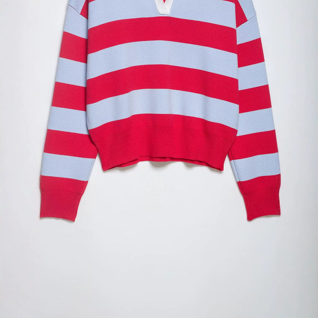 Damen Gestreifter Rugby-Pullover mit offenem Polokragen Drune