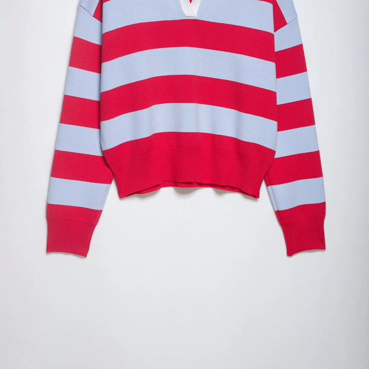 Damen Gestreifter Rugby-Pullover mit offenem Polokragen Drune