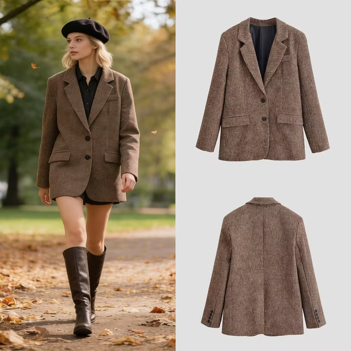 Damen Oversize-Tweedblazer mit Fischgrätmuster und Pattentaschen Drune