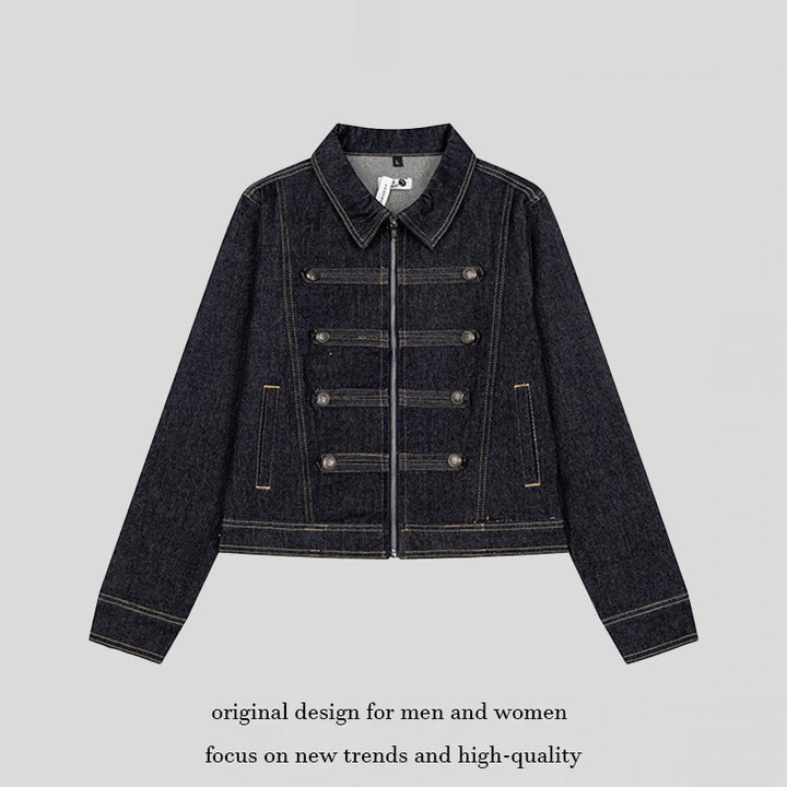 Damen kurze Jeansjacke im Military‑Stil mit Doppelreihen‑Knöpfen Drune