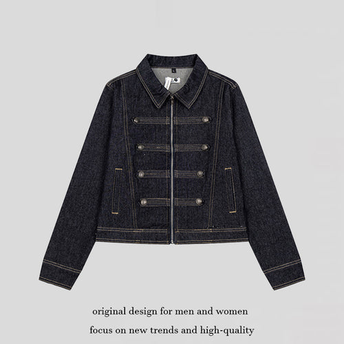 Damen kurze Jeansjacke im Military‑Stil mit Doppelreihen‑Knöpfen Drune