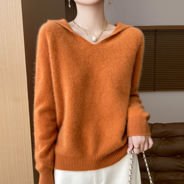 Damen Weicher Mohair‑Optik Kapuzenpullover mit V‑Ausschnitt und geripptem Saum Drune