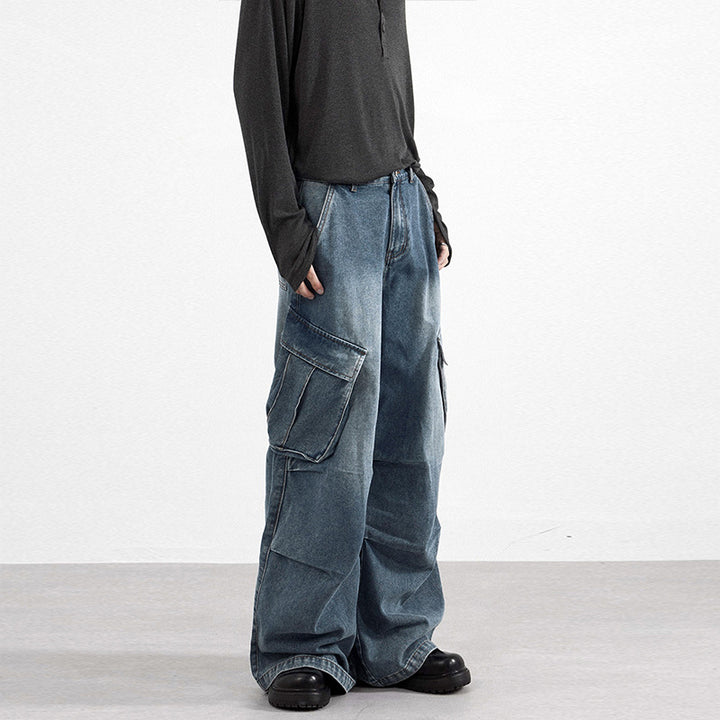 Herren Extraweite Paneel-Denim-Cargohose im weiten Baggy-Cut mit Kniepaneelen Drune