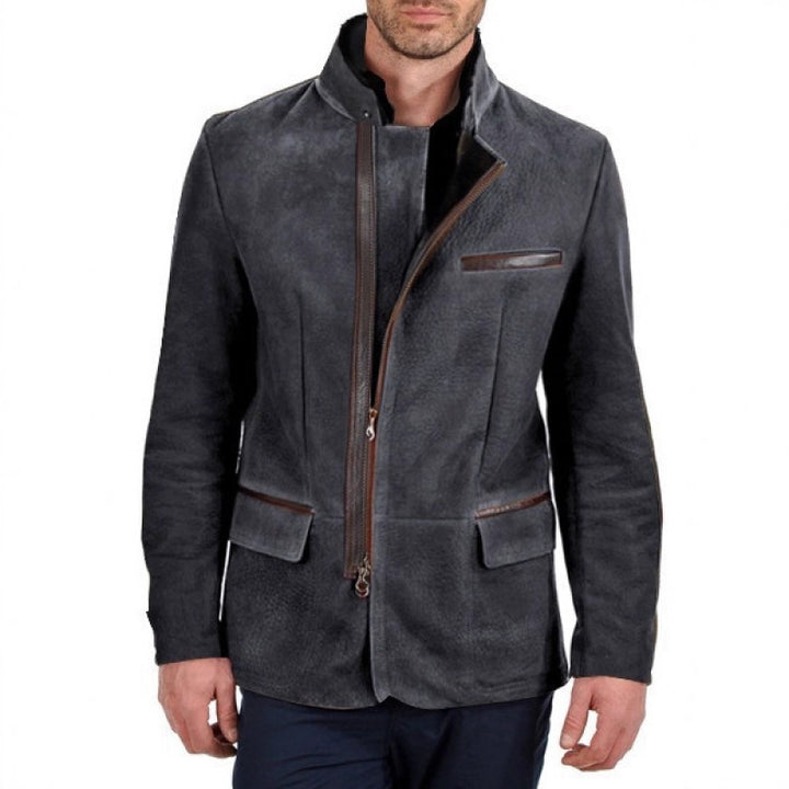 Herren Veloursleder-Fieldjacke im Fliegerstil mit Stehkragen, asymmetrischem beidseitig öffnendem Reißverschluss und kontrastierenden Lederbesätzen Drune