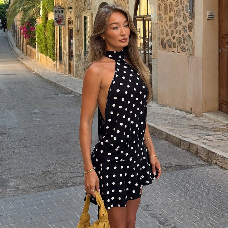 Damen luftiges Spitzenkleid mit Halterneck und punktuellem Muster Drune