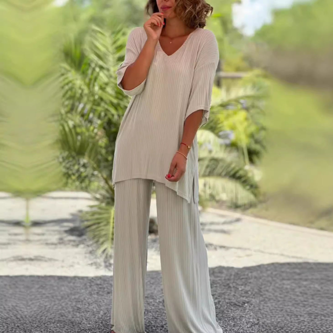 Damen nan zweiteiliges Reise- und Loungewear-Set aus weichem Rippjersey mit Longline-Tunika und Palazzohose Drune