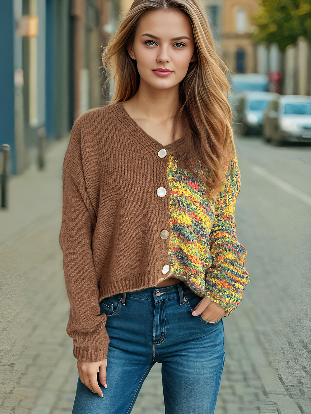Damen modische Strickjacke mit langen Puffärmeln und buntem Akzent Drune
