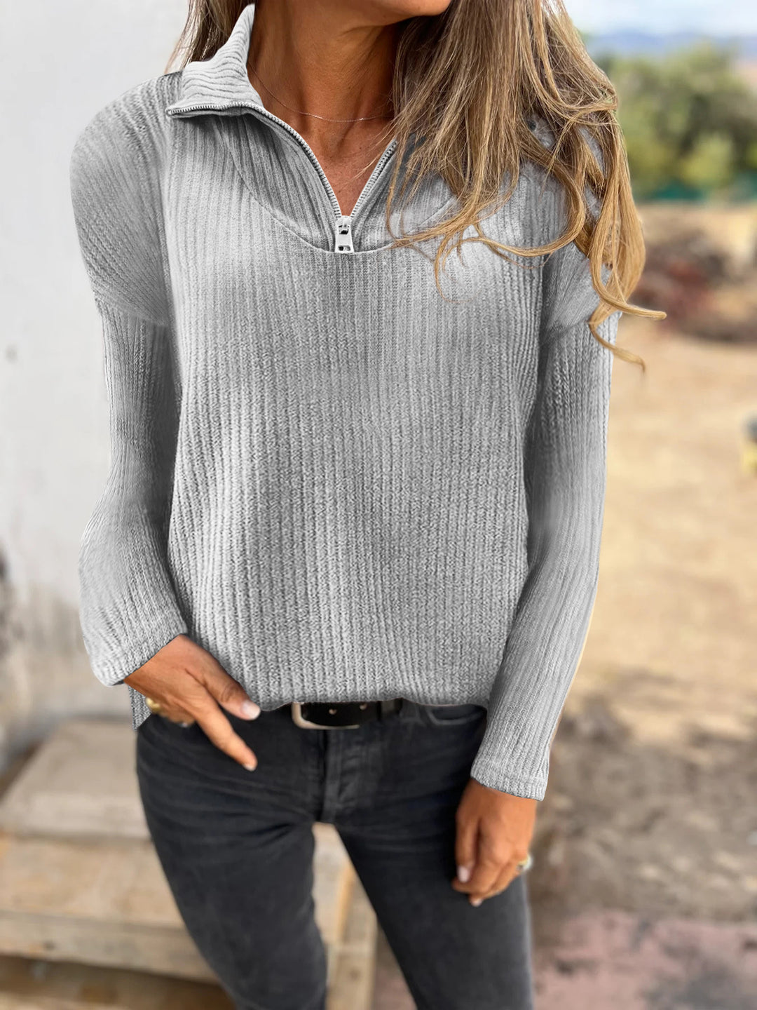 Damen Rippstrickpullover mit halbem Reißverschluss und Stehkragen Drune