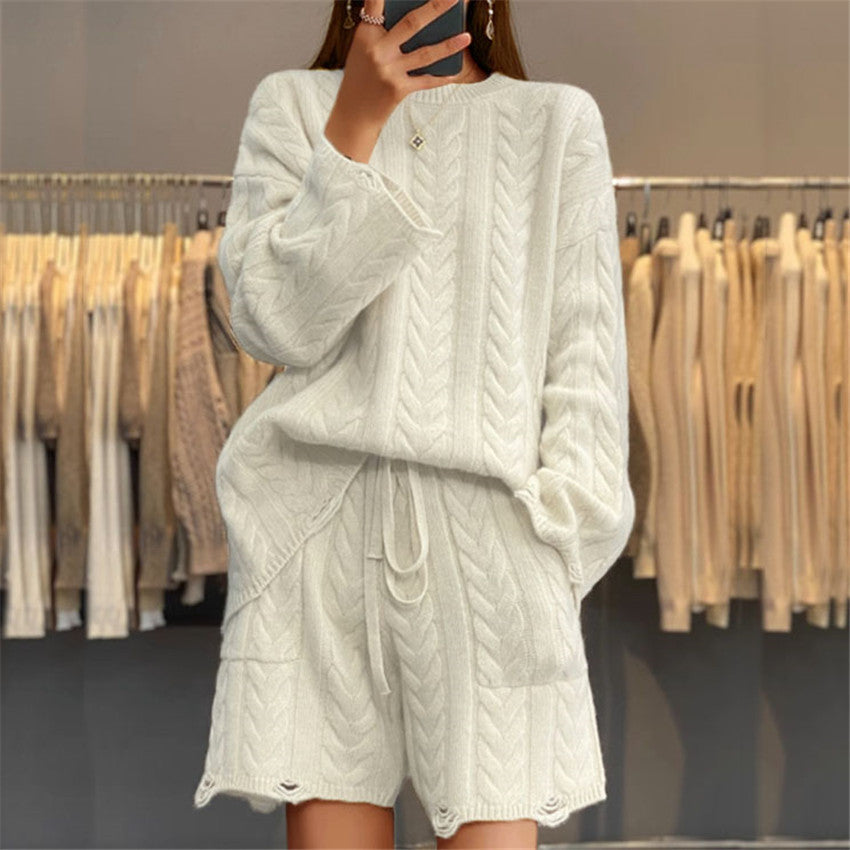 Damen nan kuscheliges Zopfmuster-Strickset mit Rundhals-Pullover und Taillen-Shorts Drune