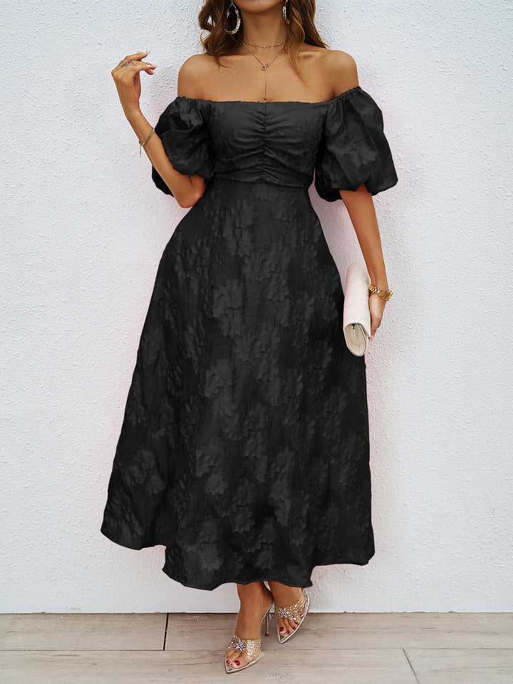 Damen elegantes Maxi-Kleid mit floralem Relief und schulterfreiem Design Drune