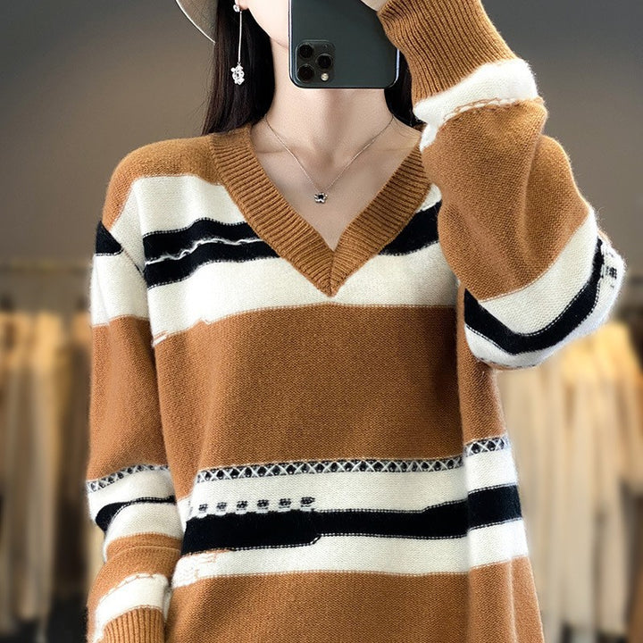 Damen Oversize-Strickpullover mit V‑Ausschnitt und grafischem Streifenmix Drune