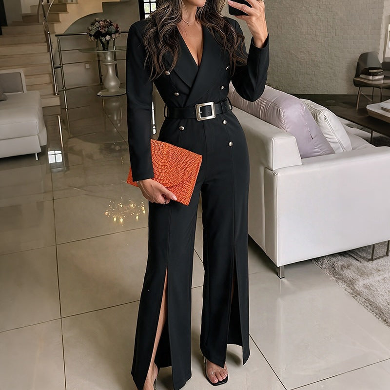 Damen Eleganter Jumpsuit mit tiefem V-Ausschnitt und schmalem Gürtel Drune