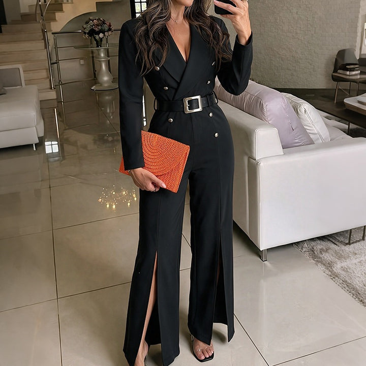 Damen Eleganter Jumpsuit mit tiefem V-Ausschnitt und schmalem Gürtel Drune